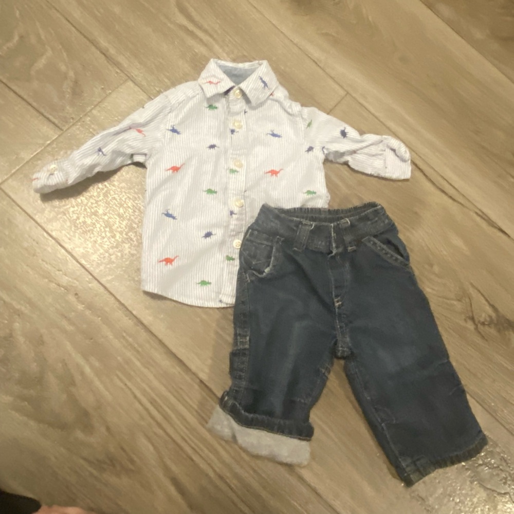 Carter's White Button Down Shirt with Colorful Dinosaur Print with jeans